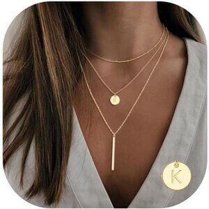 Gold Initial Layered Necklaces for Women, 14K Gold Plated Coin Letter Necklace